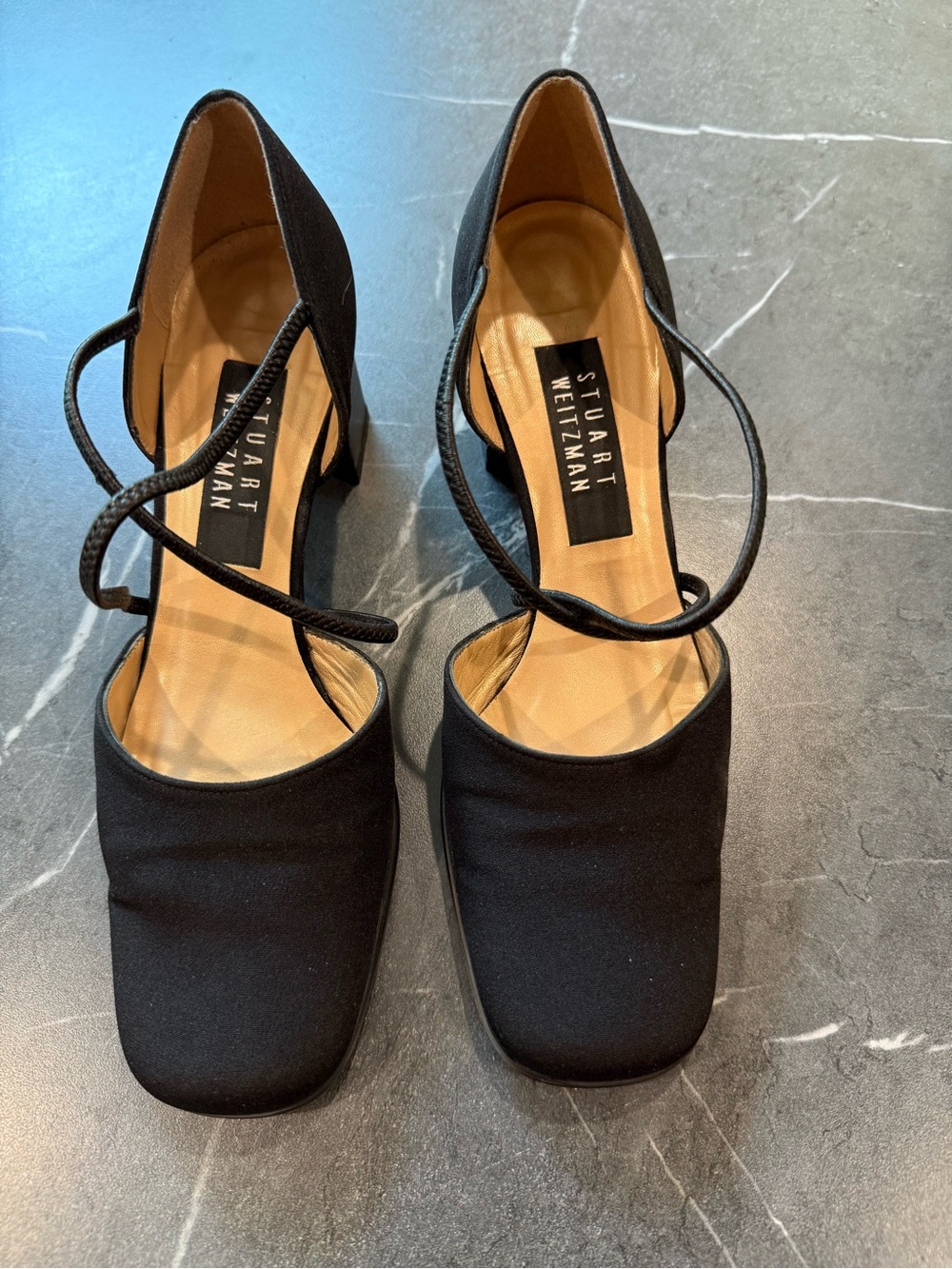 Stuart Weitzman Black Crepe Square Toe Ankle Strap Block Heel Pumps
